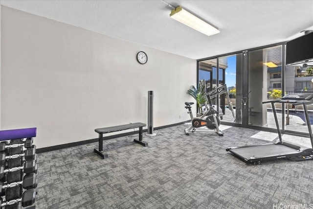 gym with carpet, expansive windows, and baseboards