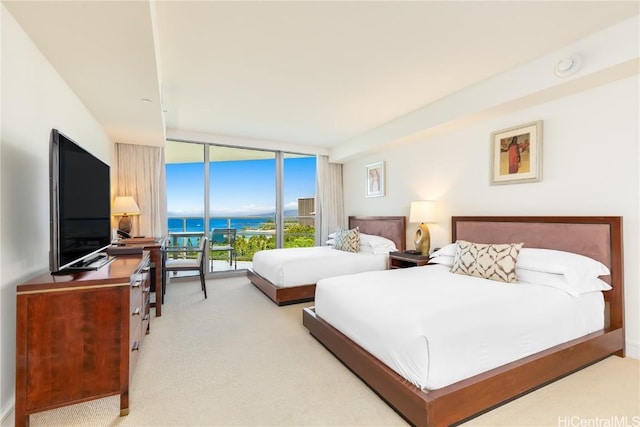 bedroom with access to exterior, floor to ceiling windows, and carpet flooring