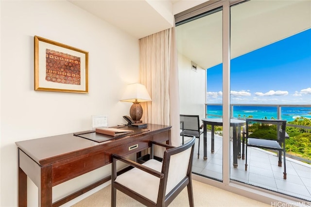 office area with a water view and visible vents