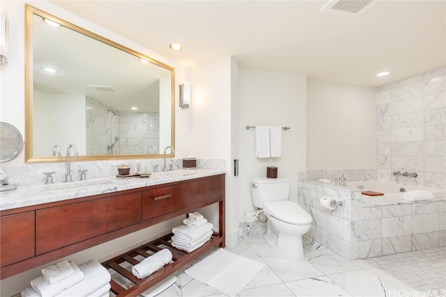 bathroom with a bath, a shower, a sink, and visible vents