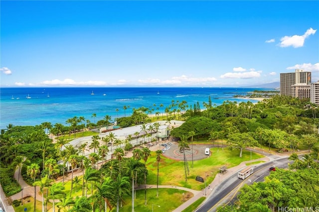 aerial view featuring a water view