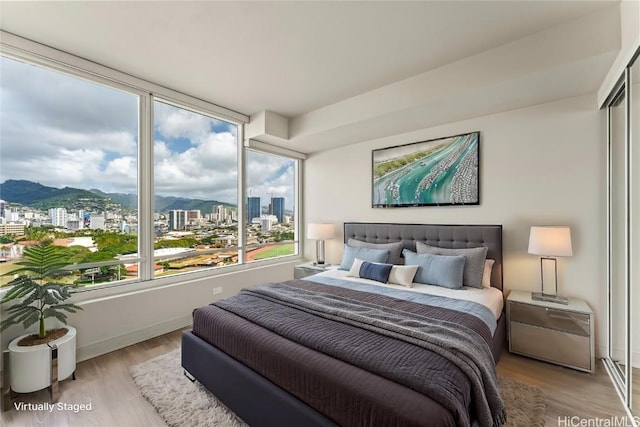 bedroom featuring baseboards, a view of city, a mountain view, and wood finished floors