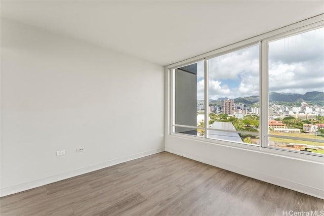 spare room featuring a view of city, a mountain view, baseboards, and wood finished floors