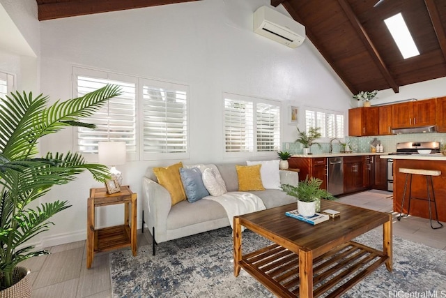 living room featuring high vaulted ceiling, wood ceiling, beam ceiling, and a wall mounted AC