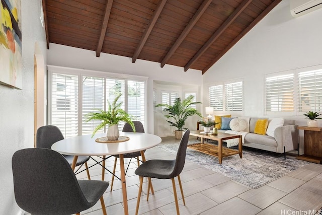 sunroom / solarium with lofted ceiling with beams, a wall unit AC, and wood ceiling