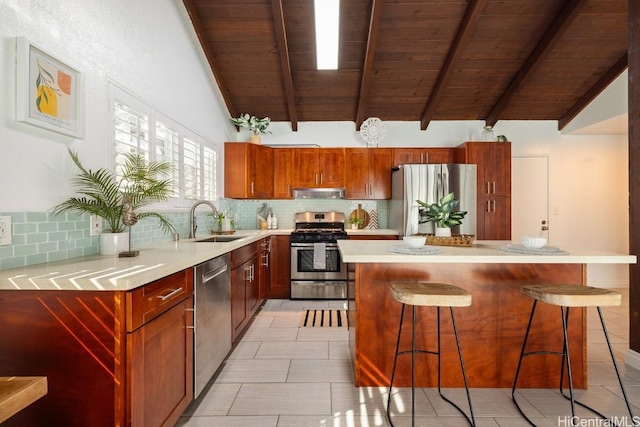 kitchen with appliances with stainless steel finishes, backsplash, a sink, and a kitchen breakfast bar