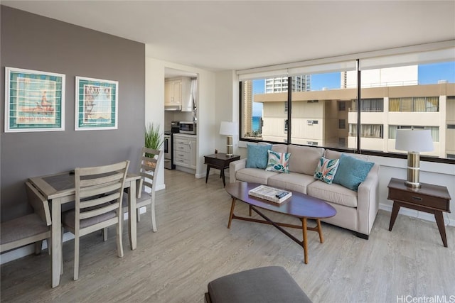 living area with light wood-style flooring and baseboards