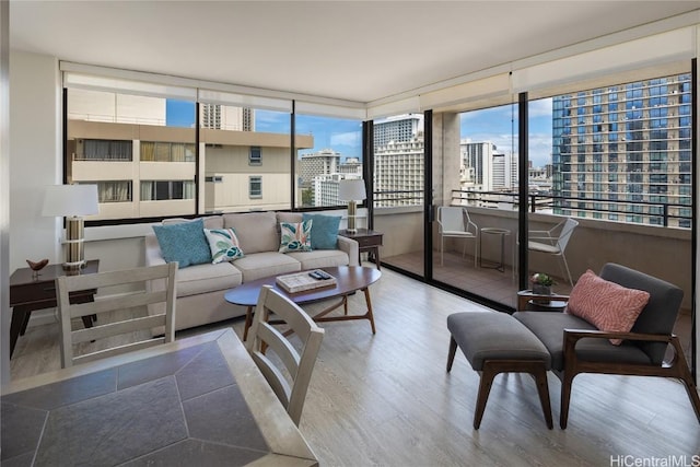 sunroom with a city view