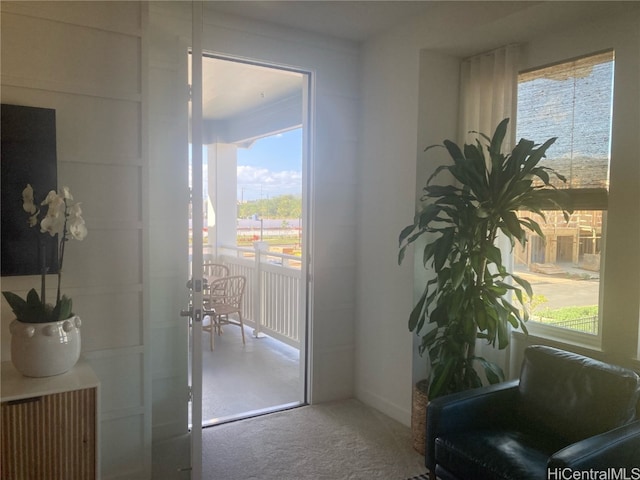 entryway with a wealth of natural light and carpet