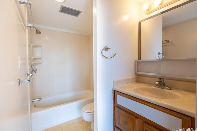 full bath featuring vanity, visible vents, shower / tub combination, toilet, and tile patterned floors