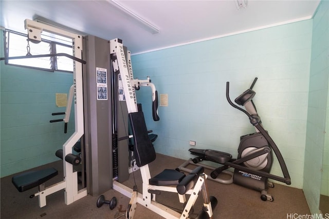 exercise room with concrete block wall