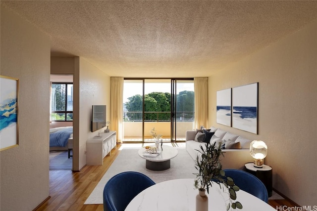 living area featuring a textured ceiling, wood finished floors, a textured wall, and expansive windows