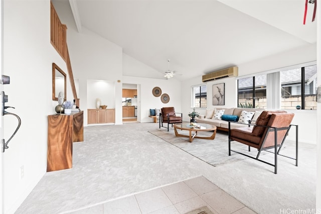 carpeted living area with high vaulted ceiling, a wall mounted air conditioner, and ceiling fan