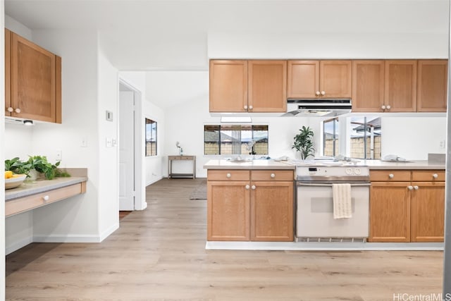 kitchen featuring light wood-type flooring, white electric stove, light countertops, baseboards, and extractor fan