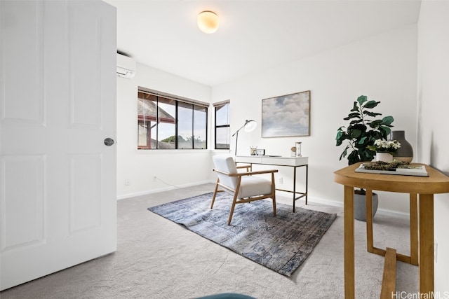 carpeted office space with baseboards and an AC wall unit