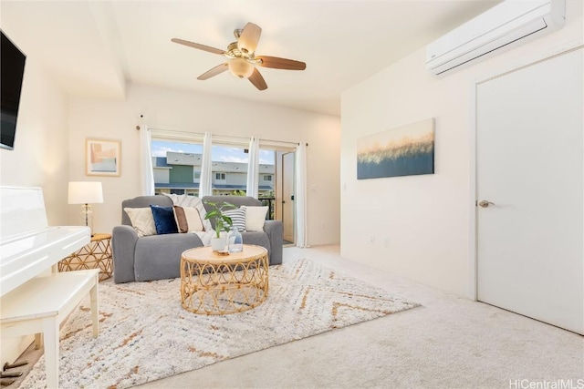 living room with carpet, a ceiling fan, and a wall unit AC