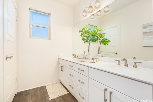 bathroom with double vanity, wood finished floors, and a sink