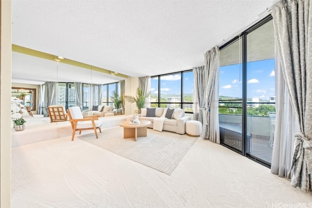 carpeted living area with a wealth of natural light, expansive windows, and a textured ceiling