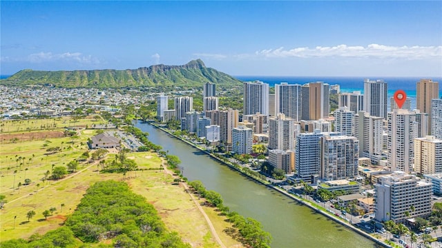 aerial view featuring a water view