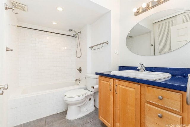 full bath with vanity, visible vents, shower / bathing tub combination, toilet, and tile patterned floors