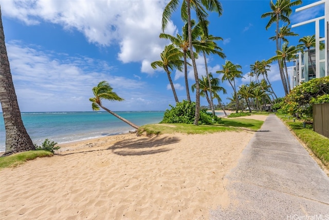 view of water feature with a beach view