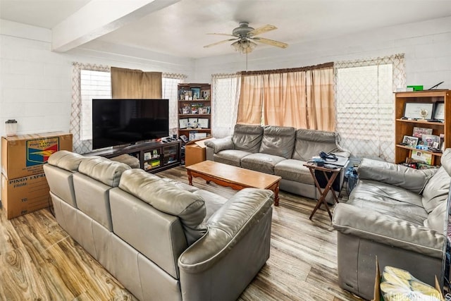 living area featuring beamed ceiling, concrete block wall, ceiling fan, and wood finished floors