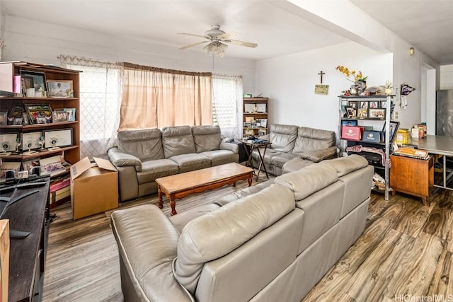 living room with a ceiling fan and wood finished floors