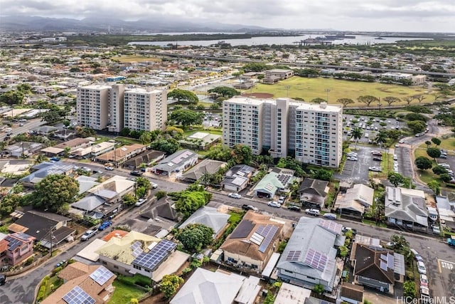 bird's eye view featuring a water view and a city view