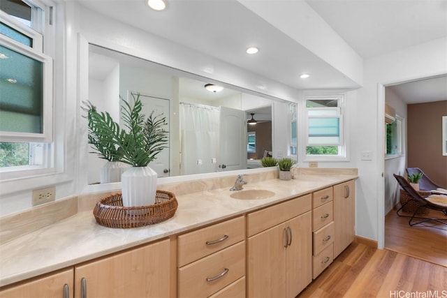 bathroom with recessed lighting, vanity, and wood finished floors