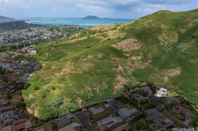 bird's eye view featuring a water and mountain view