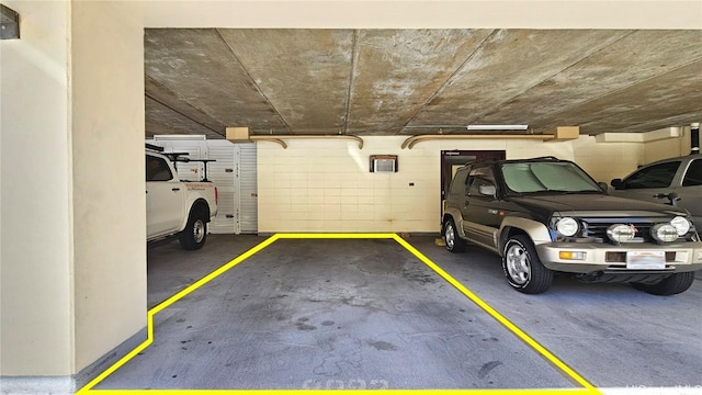 parking deck with concrete block wall