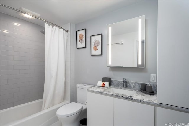 full bathroom with toilet, vanity, and shower / bathtub combination with curtain