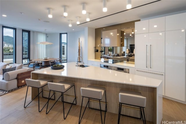 kitchen with white cabinets, modern cabinets, open floor plan, and a sink