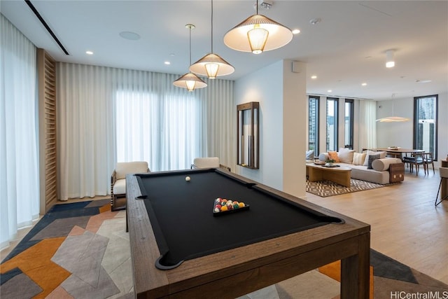 recreation room featuring billiards, wood finished floors, and recessed lighting