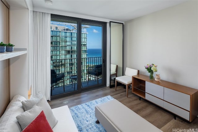 sitting room featuring a water view and wood finished floors