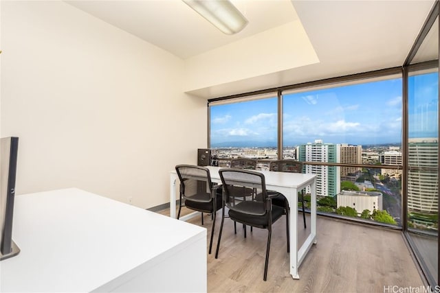 dining area featuring a city view, light wood-style flooring, and a wall of windows