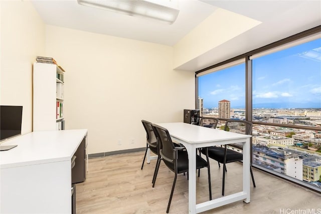 dining space featuring a city view, baseboards, and light wood-type flooring