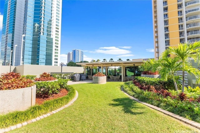 view of yard with a city view and a patio area