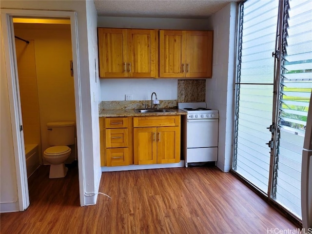 kitchen featuring wood finished floors, white gas stove, a sink, a textured ceiling, and brown cabinets