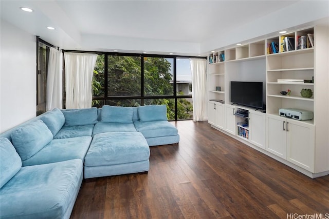 living area with dark wood-type flooring and recessed lighting