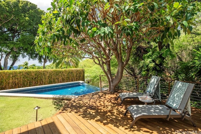 view of swimming pool featuring a fenced in pool and a wooden deck