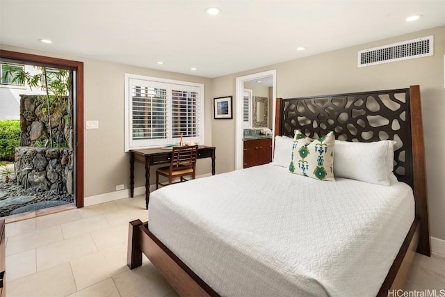 bedroom featuring recessed lighting, visible vents, and baseboards