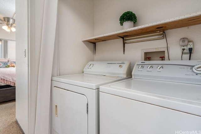 clothes washing area with laundry area, carpet flooring, a ceiling fan, and separate washer and dryer