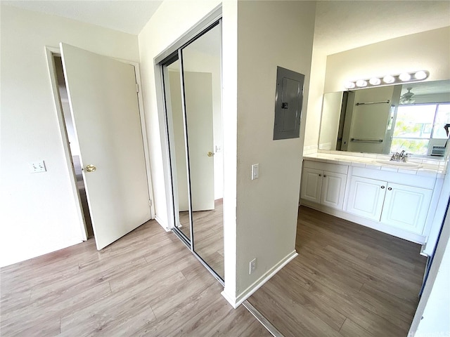 91-241 Hanapouli Cir Unit 24H, Ewa Beach, HI 96706 - hall with electric panel and light wood finished floors