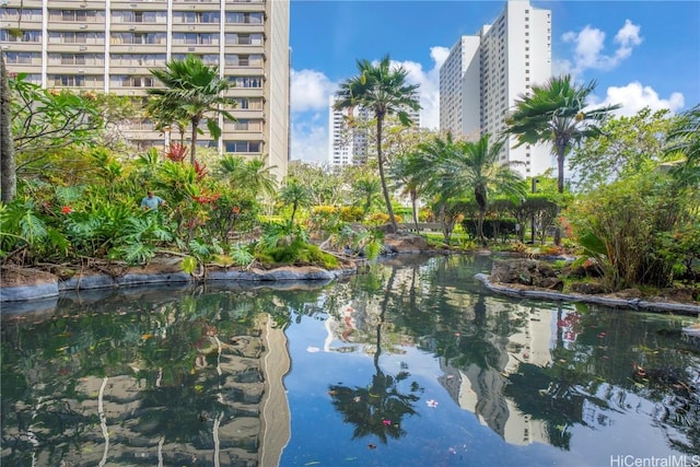 view of water feature with a city view