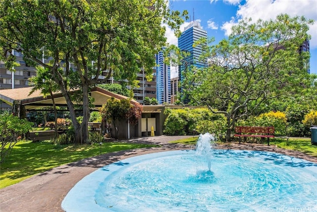 view of pool featuring a lawn