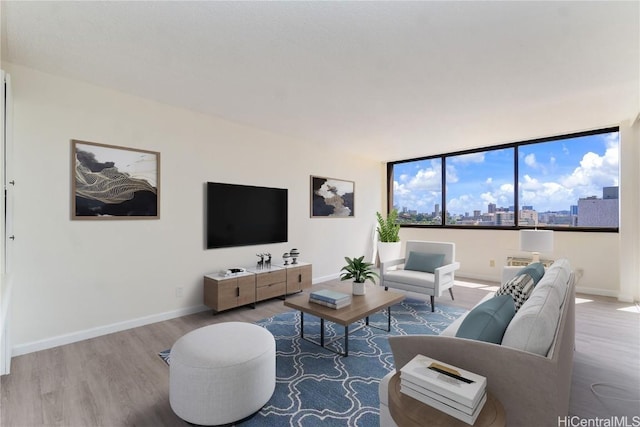 living area with baseboards and wood finished floors