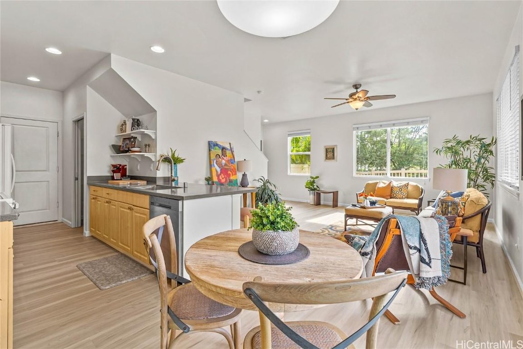 91-6221 Kapolei Pkwy Unit 3, Ewa Beach, HI 96706 - dining area featuring baseboards, ceiling fan, light wood-style flooring, and recessed lighting