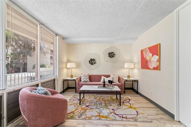 living area featuring baseboards, a textured ceiling, and wood finished floors