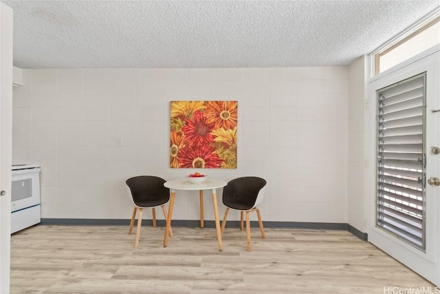 dining space featuring light wood finished floors and a textured ceiling